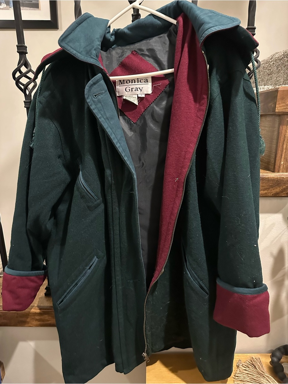 Dark Green Coat with Burgundy Trim